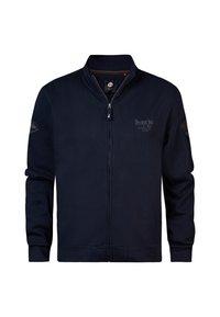 Marineblauwe ritssluiting sweatshirt met een staande kraag, ribgebreide manchetten en onderrand, voorzien van een logo-opdruk aan de voorkant en een gladde, zachte textuur.