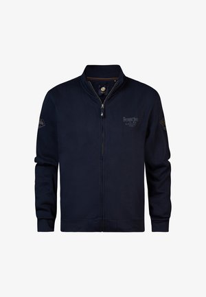 Marineblauwe ritssluiting sweatshirt met een staande kraag, ribgebreide manchetten en onderrand, voorzien van een logo-opdruk aan de voorkant en een gladde, zachte textuur.