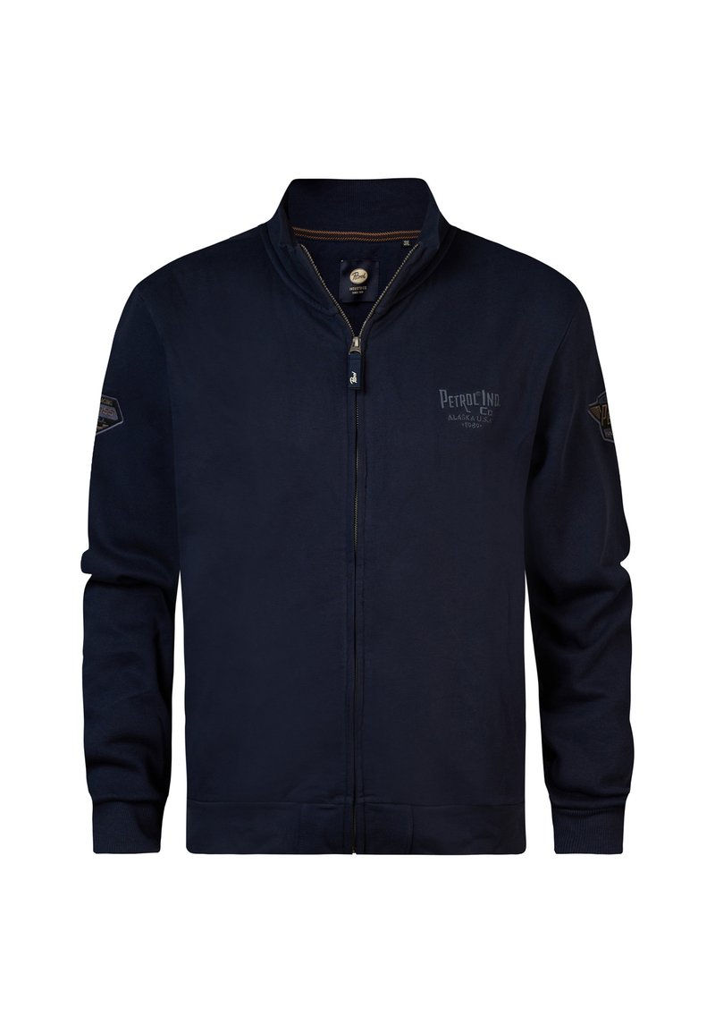 Marineblauwe ritssluiting sweatshirt met een staande kraag, ribgebreide manchetten en onderrand, voorzien van een logo-opdruk aan de voorkant en een gladde, zachte textuur.