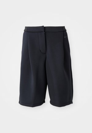 Marineblauwe sportshorts van gladde stof, met een elastische tailleband, een voor plooi en een subtiel logo aan de zijkant.