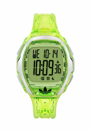Et lyst grønt digitalur viser tiden som 10:09:36 og datoen som onsdag den 14. oktober, med en sølvramme og Adidas-logo.