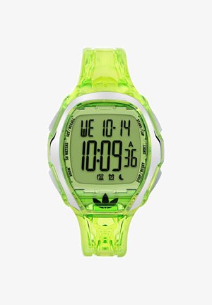 Et lyst grønt digitalur viser tiden som 10:09:36 og datoen som onsdag den 14. oktober, med en sølvramme og Adidas-logo.