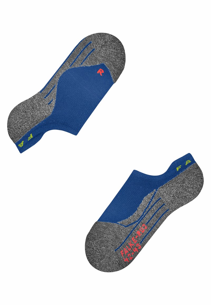 Calzini alla caviglia blu e grigi con un design testurizzato, caratterizzati da una "R" rossa per il piede destro e dettagli verdi. Materiale a maglia liscia.