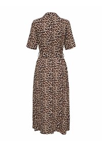 Robe à imprimé léopard avec des manches courtes, un col, une taille cintrée et une jupe fluide. Fabriquée en tissu léger.