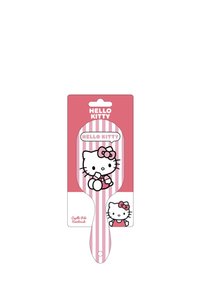 Spazzola per capelli Hello Kitty su confezione a strisce rosa; presenta una grande grafica di Hello Kitty con un fiocco, include una piccola grafica di Hello Kitty sul retro.