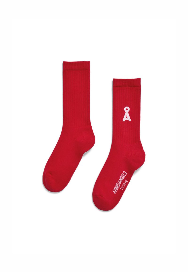 Rote gerippte Socken aus Baumwollmischung mit einem weißen Logodesign. Knöchelhöhe mit verstärkten Fersen- und Zehenbereichen.