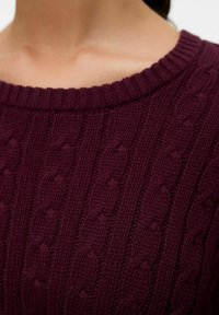 Maglione a treccia borgogna con scollo rotondo e motivo testurizzato, realizzato in un morbido e spesso tessuto a maglia.