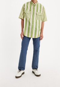 Randig kortärmad skjorta med knappar i grön och krämfärgad nyans med två bröstfickor. Bärs tillsammans med blå jeans och vita skor med svarta snören.