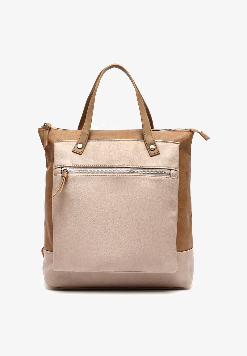 Two-tone beige and brown leather tote bag with front zip pocket and dual handles, standing upright on a white background.