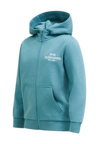 Turkoois rits-hoodie van een zachte katoenmix. Heeft een buidelzak, geribde manchetten en een geborduurd "Peak Performance" logo op de borst.