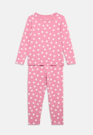 Růžový pyžamový set s dlouhými rukávy a bílými puntíky. Vyrobeno z měkké bavlny, s kulatým výstřihem a odpovídajícími legínami se vzorem.
