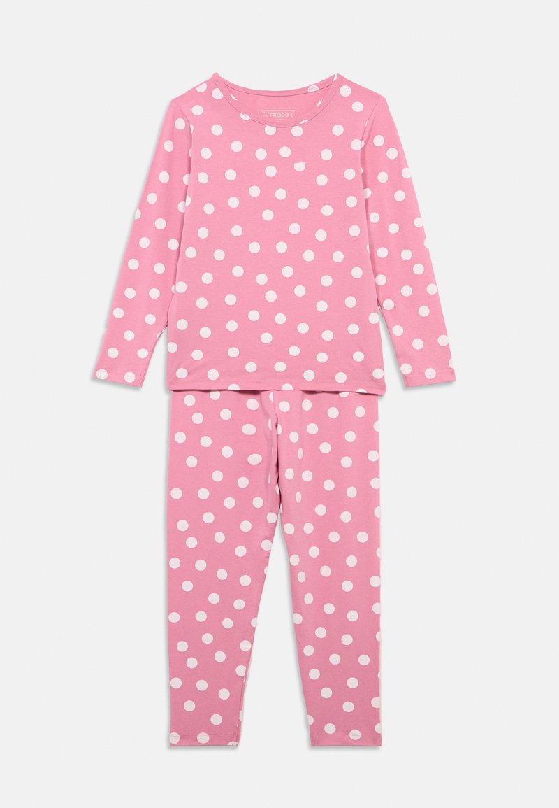 Ροζ πυτζάμα με μακριά μανίκια που έχει λευκές βούλες. Φτιαγμένη από μαλακό βαμβάκι, με στρογγυλή λαιμόκοψη και κολάν σε ταιριαστό σχέδιο.