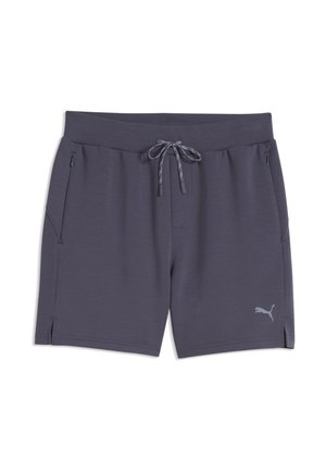 Dunkelgraue Puma Sportsshorts mit Kordelzugbund, seitlichen Reißverschlusstaschen, kleinen Seitenschlitzen und Puma-Logo am linken Bein.
