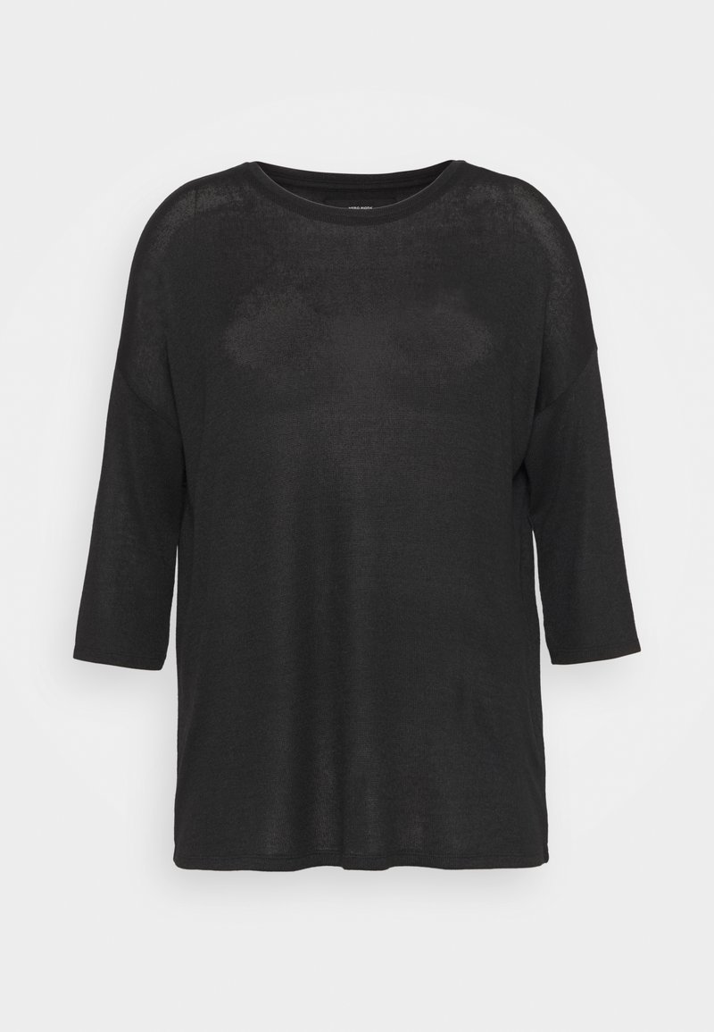 Pull en maille noire légère avec un col rond et des manches longueur coude, présenté sur un fond blanc à plat.