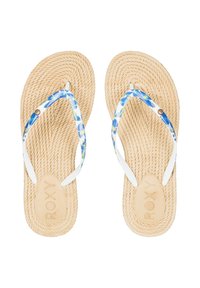 Roxy flip-flops with beige woven sole, white straps featuring blue floral pattern, and logo detail on footbed. Lightweight and casual design.