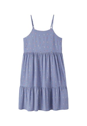 Sleeveless light blue dress with thin adjustable straps and small multicolored floral patterns, gathered tiers at skirt and waist.