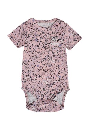 Kortærmet babybody i pink med et splettede mønster af sort, lilla og hvid. Har tre trykknapper i bunden.