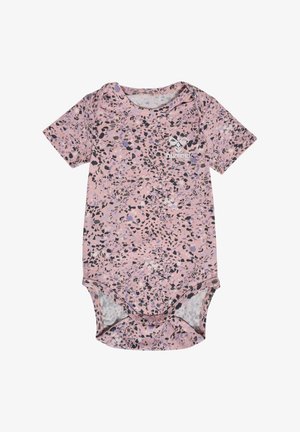 Kortärmad babybody i rosa med ett prickigt mönster i svart, lila och vitt. Har tre tryckknappar i botten.