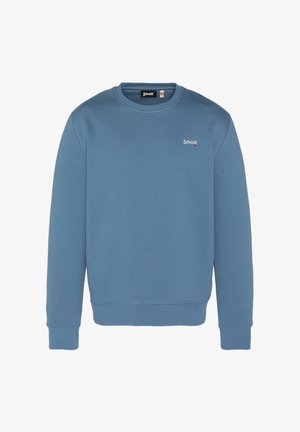 Blauwe sweatshirt met ronde hals, geribde manchetten en zoom. Bevat een klein wit logo op de borst. Gemaakt van zachte, gestructureerde stof.