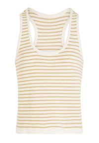 Sleeveless knit tank top featuring horizontal stripes in cream and pale gold. Soft texture with a fitted design and scoop back.