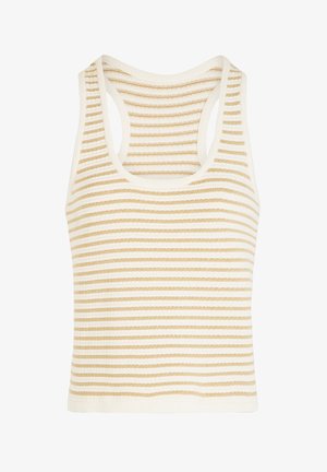 Débardeur en tricot sans manches avec des rayures horizontales en crème et or pâle. Texture douce avec un design ajusté et un dos en scoop.