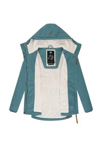 Turkusowa kurtka zewnętrzna z białym polarem w środku, z kapturem, długością na zamek i zatrzaskami oraz bocznymi kieszeniami. Widoczna etykieta w środku.