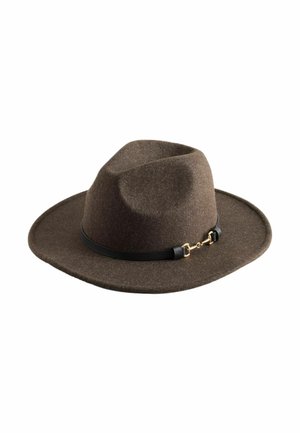Brown felt fedora hat with a wide brim and a black leather band featuring a small gold chain detail.