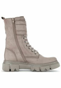 Gray suede ankle boot with laces and side zipper, chunky sole, padded collar, and stitching detail on the side.