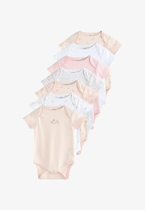 Set di sette body a manica corta per neonati in vari colori pastello, con motivi floreali e colori solidi, realizzati in morbido tessuto misto cotone.