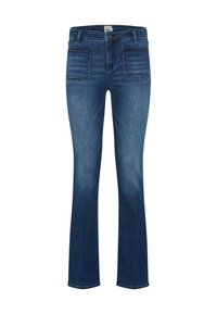 Jeans in denim blu scuro con un taglio slim, gamba svasata, due tasche posteriori e chiusura anteriore con bottone. Accenti di cuciture distintive.