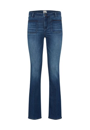 Dunkelblaue Denim-Jeans mit einer schlanken Passform, ausgestelltem Bein, zwei Gesäßtaschen und einem frontalen Knopfverschluss. Auffällige Steppnähte.