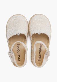 Kerged beež espadrillid pitskattega, ümmarguse nina ja reguleeritava ankle rihmaga. Sisetald sisaldab printitud brändingut, rõhutades mugavust.