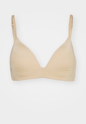 Beige triangle bra with thin adjustable straps, made of smooth fabric. Features a seamless design and subtle texture. No padding.