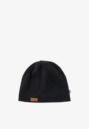 Black soft fabric beanie with a small brown leather patch labeled "Swedemount" and a blue-yellow Swedish flag tag on the side.