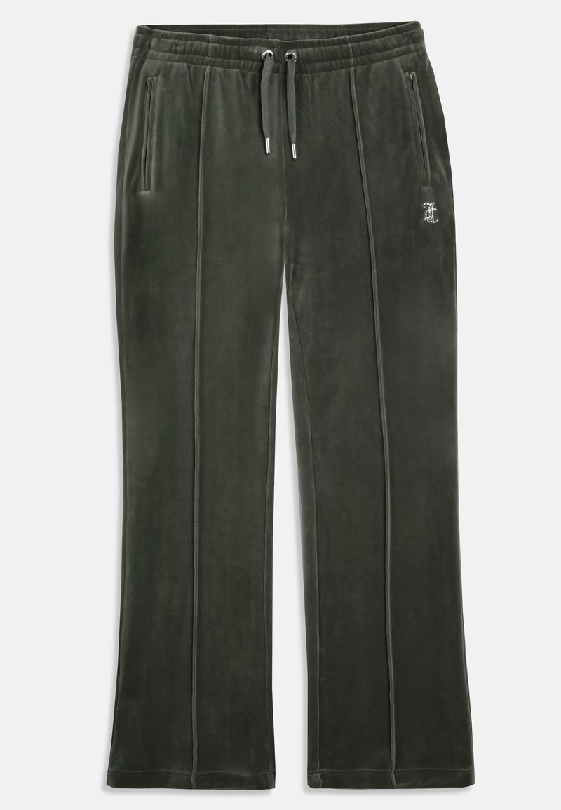 Pantalons joggers en velours vert foncé avec une taille élastique, un cordon de serrage, deux poches latérales et des détails de couture verticale contrastants.