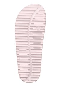 Semelle de chaussure en caoutchouc rose clair avec des rainures verticales et horizontales pour l'adhérence. Présente un bout arrondi et une surface lisse, légèrement texturée.