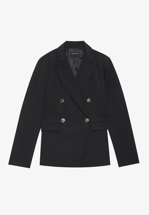 Čierny dvojradový sak s priliehavým strihom, zlatými gombíkovými akcentmi, ostrými reverzmi a dvoma prednými vreckami. Hladká textúra látky.
