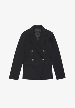 Blazer noir à double boutonnage avec une coupe ajustée, accents de boutons dorés, revers accentués et deux poches avant. Texture de tissu lisse.