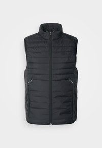 Veste matelassée noire sans manches avec col montant, fermeture éclair à l'avant et poches avec bord réfléchissant sur un fond uni.
