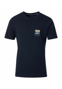 Marineblaue Baumwoll-T-Shirt mit einer Brusttasche im mehrfarbigen Streifenmuster und gesticktem "Long Beach NY 11740".