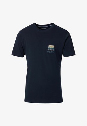 Marineblaue Baumwoll-T-Shirt mit einer Brusttasche im mehrfarbigen Streifenmuster und gesticktem "Long Beach NY 11740".