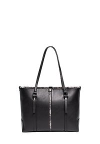 Czarna skórzana torba na ramię z dwoma długimi paskami, z wzorzystą podszewką wewnętrzną i poziomymi akcentami wzorniczymi z przodu.