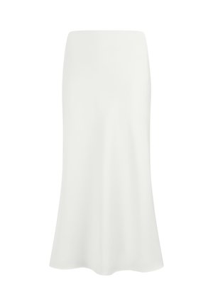 White high-waist midi skirt with slight flare at hem, smooth fabric, and no visible patterns or embellishments.