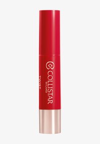 Rouge à lèvres rouge dans un tube rétractable avec une base en métal argenté brillant. Présente une surface lisse et brillante ainsi qu'un logo de marque en relief.