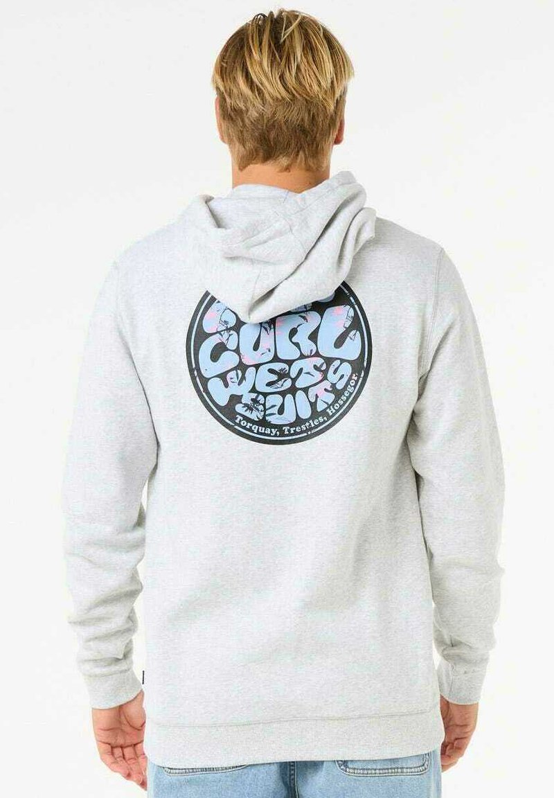 Haut à capuche gris avec un cordon de serrage et un graphique circulaire en texte noir et bleu qui dit "CURL WETS SUITS" au dos.