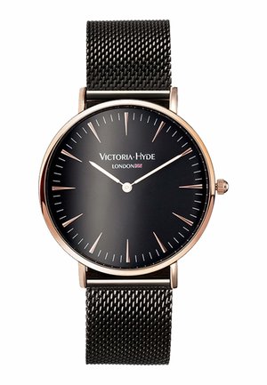 Rundes schwarzes Zifferblatt mit roségoldenen Markierungen, schlanke Stunden- und Minutenzeiger bei 10:10, schwarzes Mesh-Armband, Victoria Hyde London Logo.