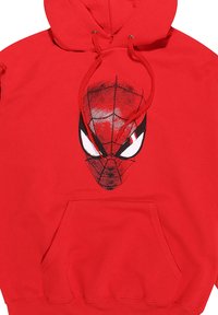 Red hooded sweatshirt featuring a large black Spider-Man graphic on the front, with a front pocket and drawstring hood. Soft texture.
