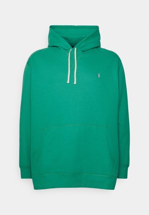 Grön huvtröja i bomull med kenguruficka, snoddar i elfenben och en liten logotyp på vänster bröst.