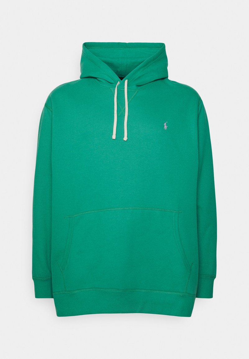 Grön huvtröja i bomull med kenguruficka, snoddar i elfenben och en liten logotyp på vänster bröst.