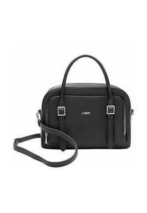 Schwarze Lederhandtasche mit zwei oberen Tragriemen und einem abnehmbaren Schultergurt. Sie hat silberne Reißverschlussakzente und eine strukturierte Oberfläche.